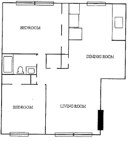 Floor plan for 2 beds, 975 sqft