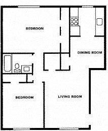 Floor plan for 2 beds, 1 bath, 1000 sqft