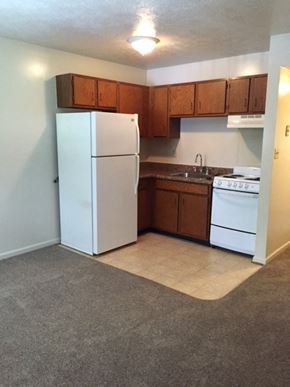 Newport News apartment for rent - an empty kitchen with a white refrigerator and stove