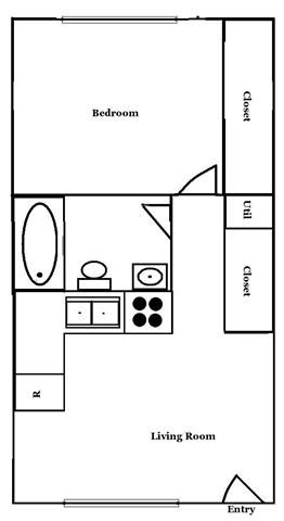 Floor plan for 1 bed, 1 bath, 432 sqft