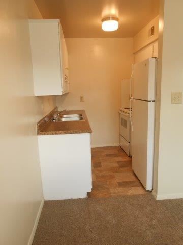 Newport News apartment for rent - a small kitchen with a sink and a refrigerator