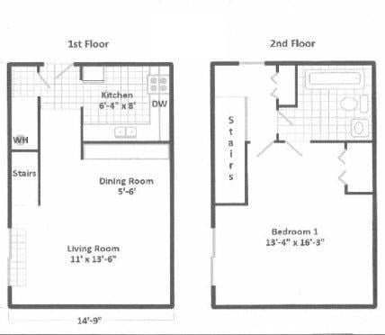 Floor plan for 1 bed, 1 bath, 850 sqft