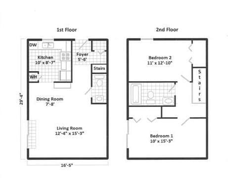 Floor plan for 2 beds, 1.5 baths, 1050 sqft