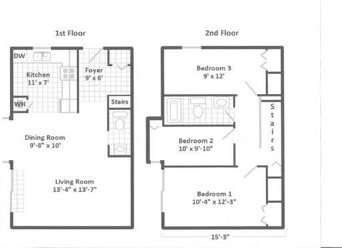 Floor plan for 3 beds, 1.5 baths, 1350 sqft