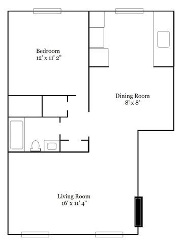 Floor plan for 1 bed, 1 bath, 704 sqft
