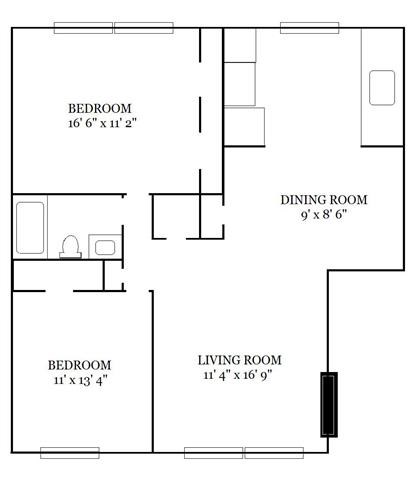 Floor plan for 2 beds, 1 bath, 1000 sqft