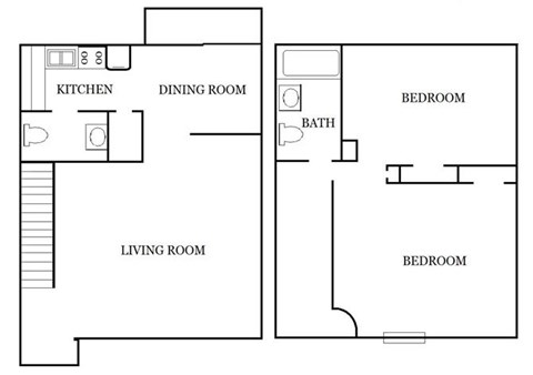Floor plan for 2 beds, 1.5 baths, 1000 sqft