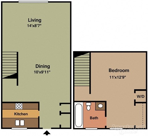 Floor plan for 1 bed, 1 bath, 750 sqft