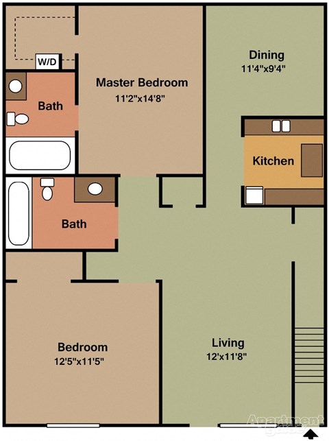 Floor plan for 2 beds, 2 baths, 1050 sqft