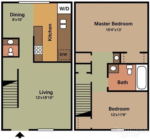 Floor plan for 2 beds, 1.5 baths, 1100 sqft