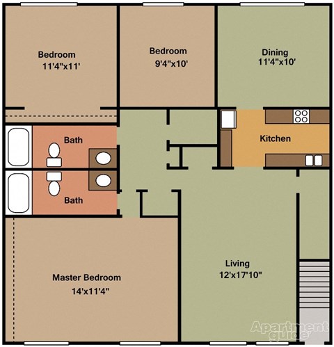 Floor plan for 3 beds, 2 baths, 1200 sqft