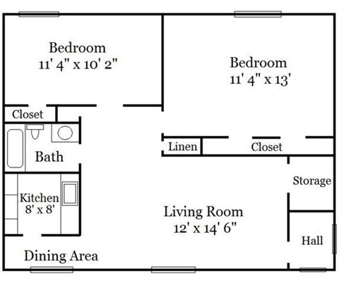 Floor plan for 2 beds, 1 bath, 800 sqft