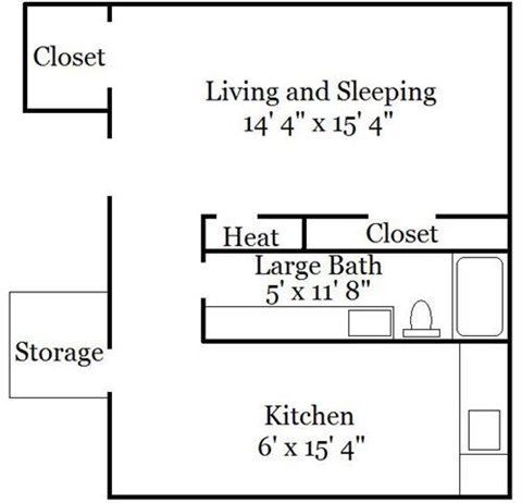 Floor plan for studio, 1 bath, 431 sqft
