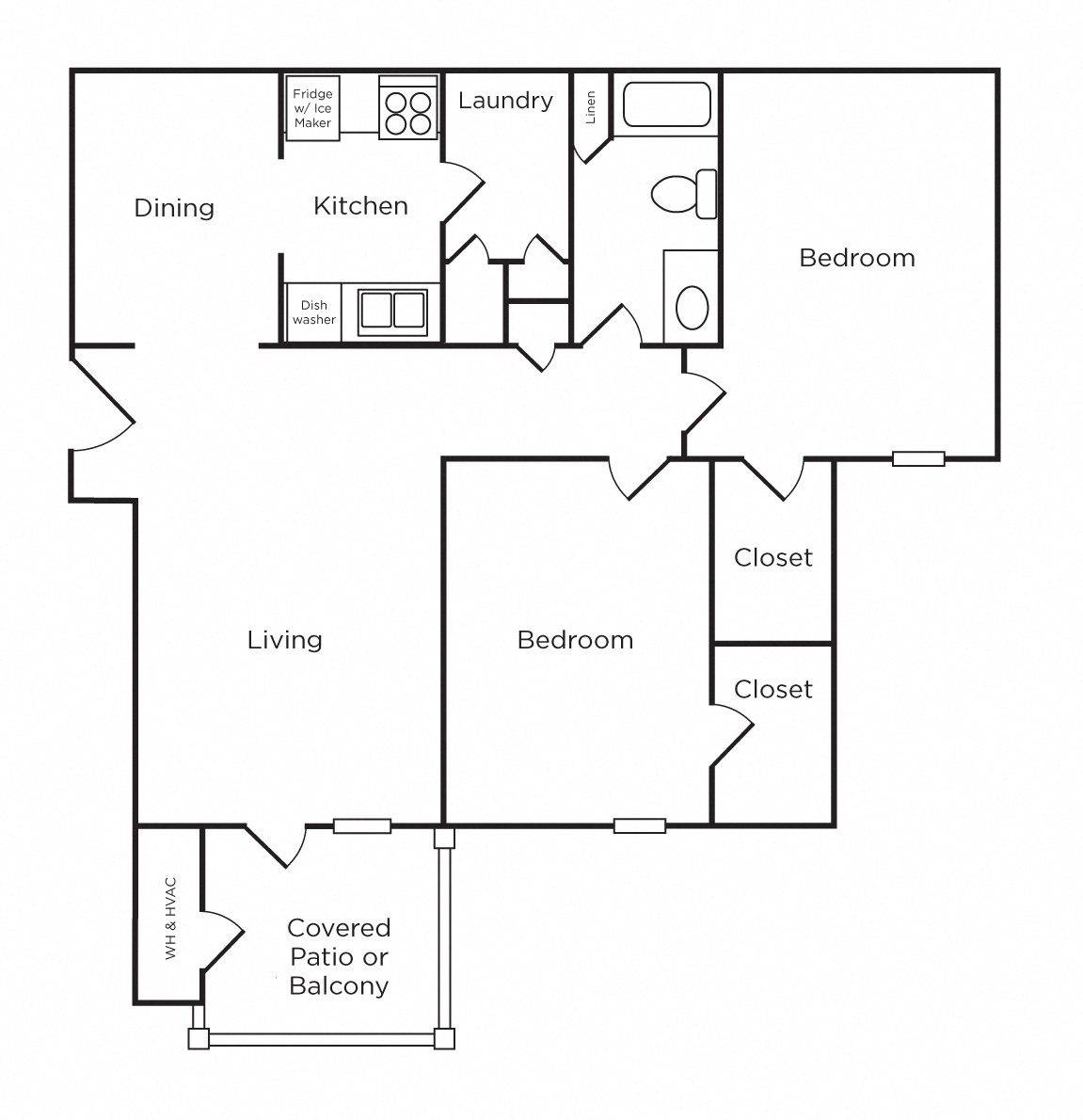Floor plan for 2 beds, 1 bath, 982 sqft