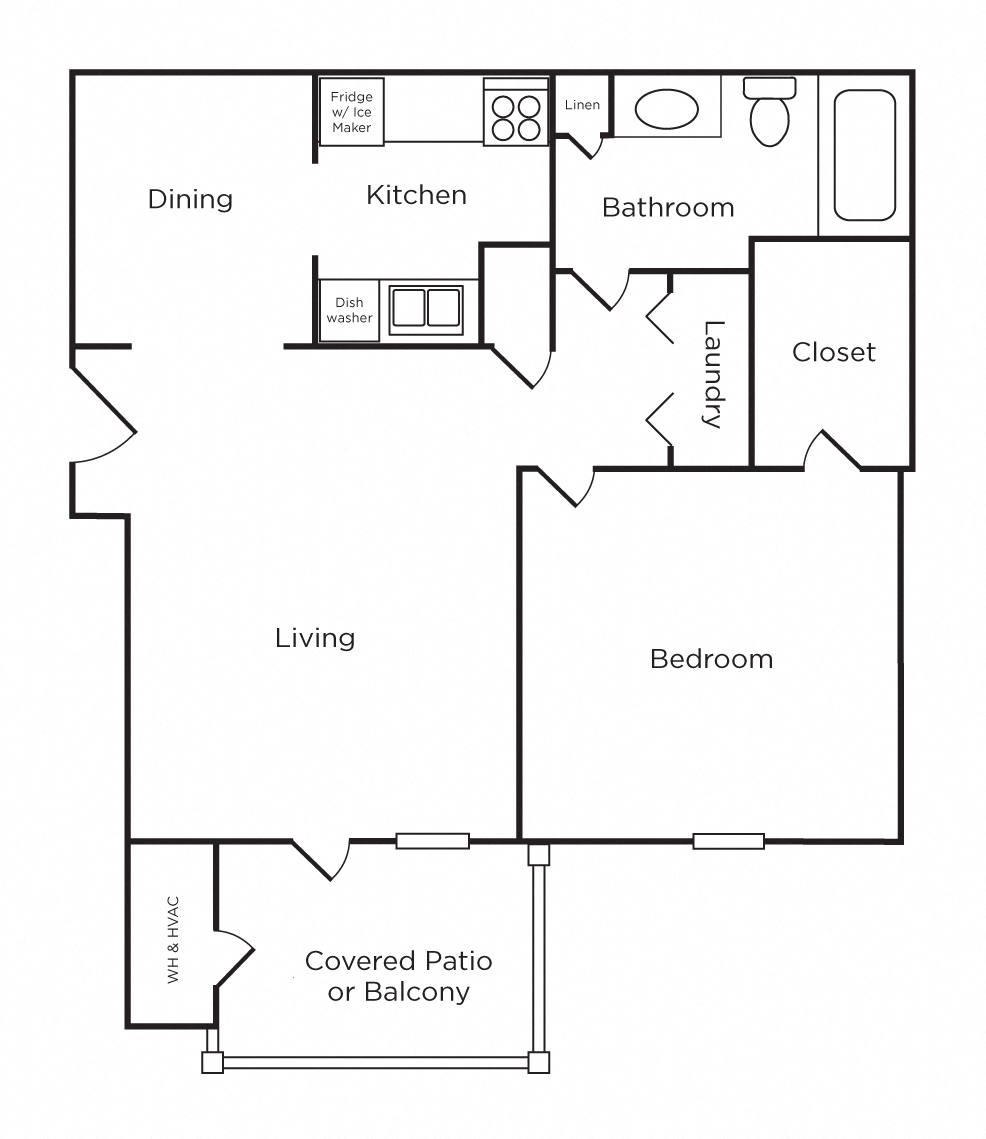 Floor plan for 1 bed, 1 bath, 747 sqft