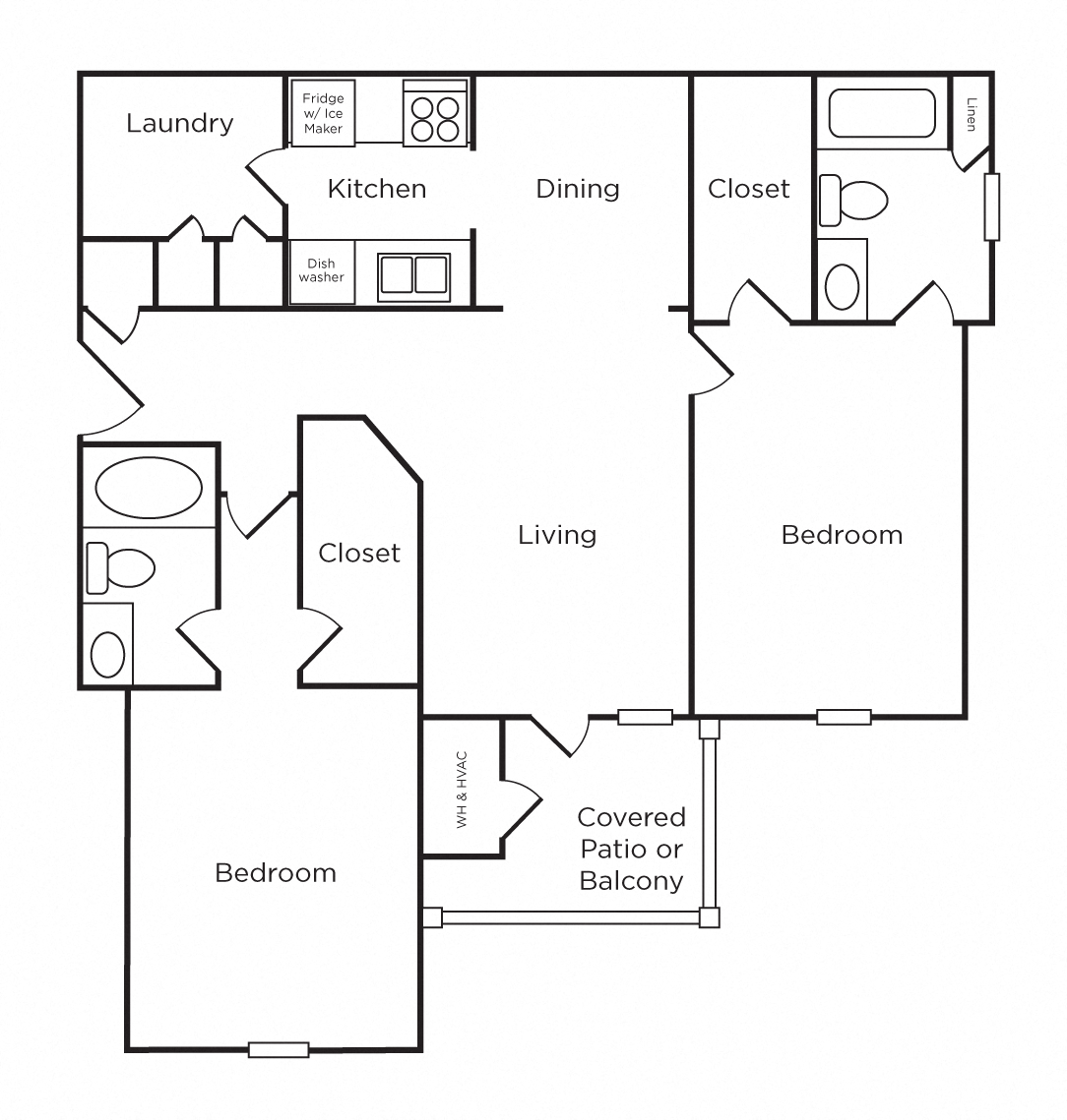 Floor plan for 2 beds, 2 baths, 1069 sqft