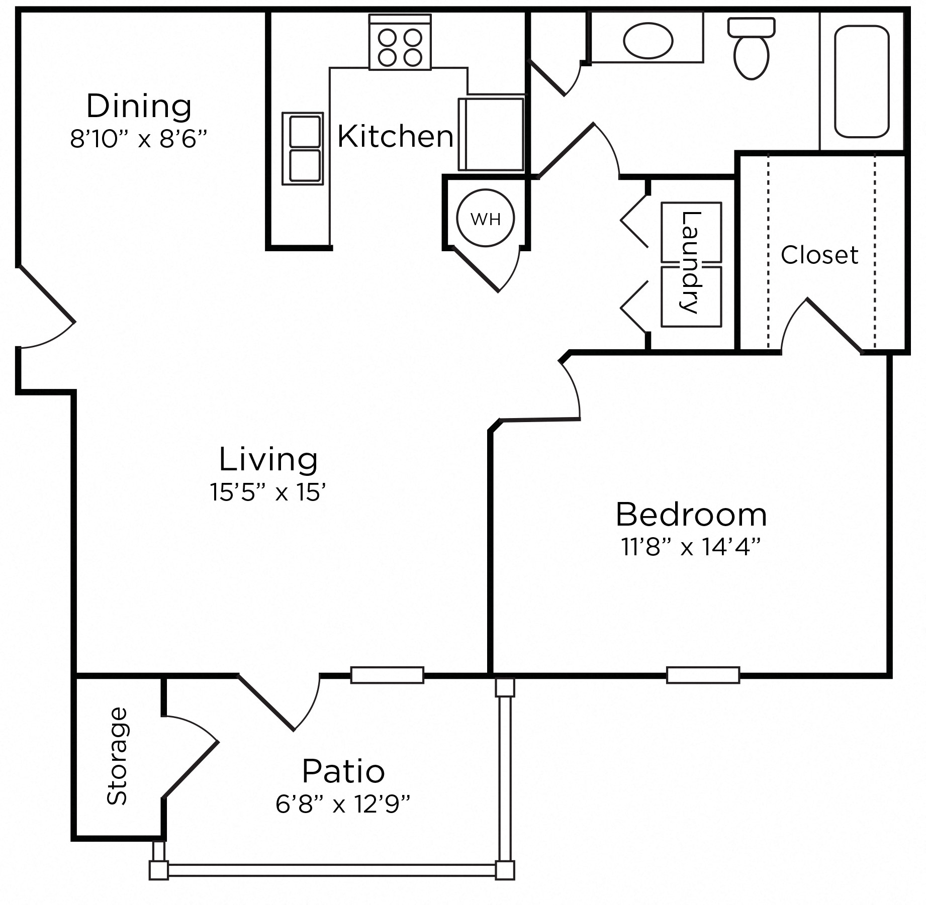 Floor plan for 1 bed, 1 bath, 800 sqft