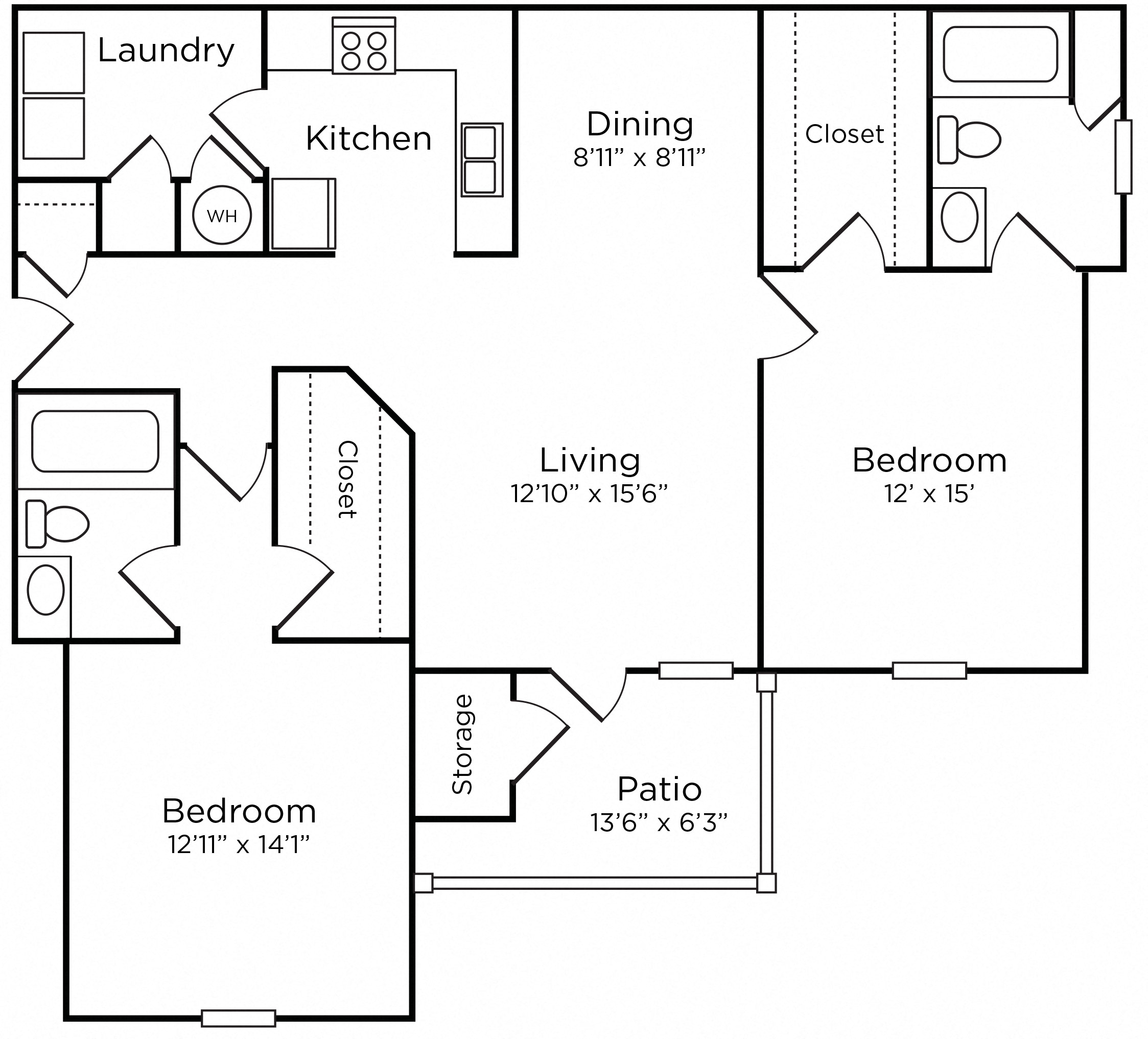 Floor plan for 2 beds, 2 baths, 1223 sqft