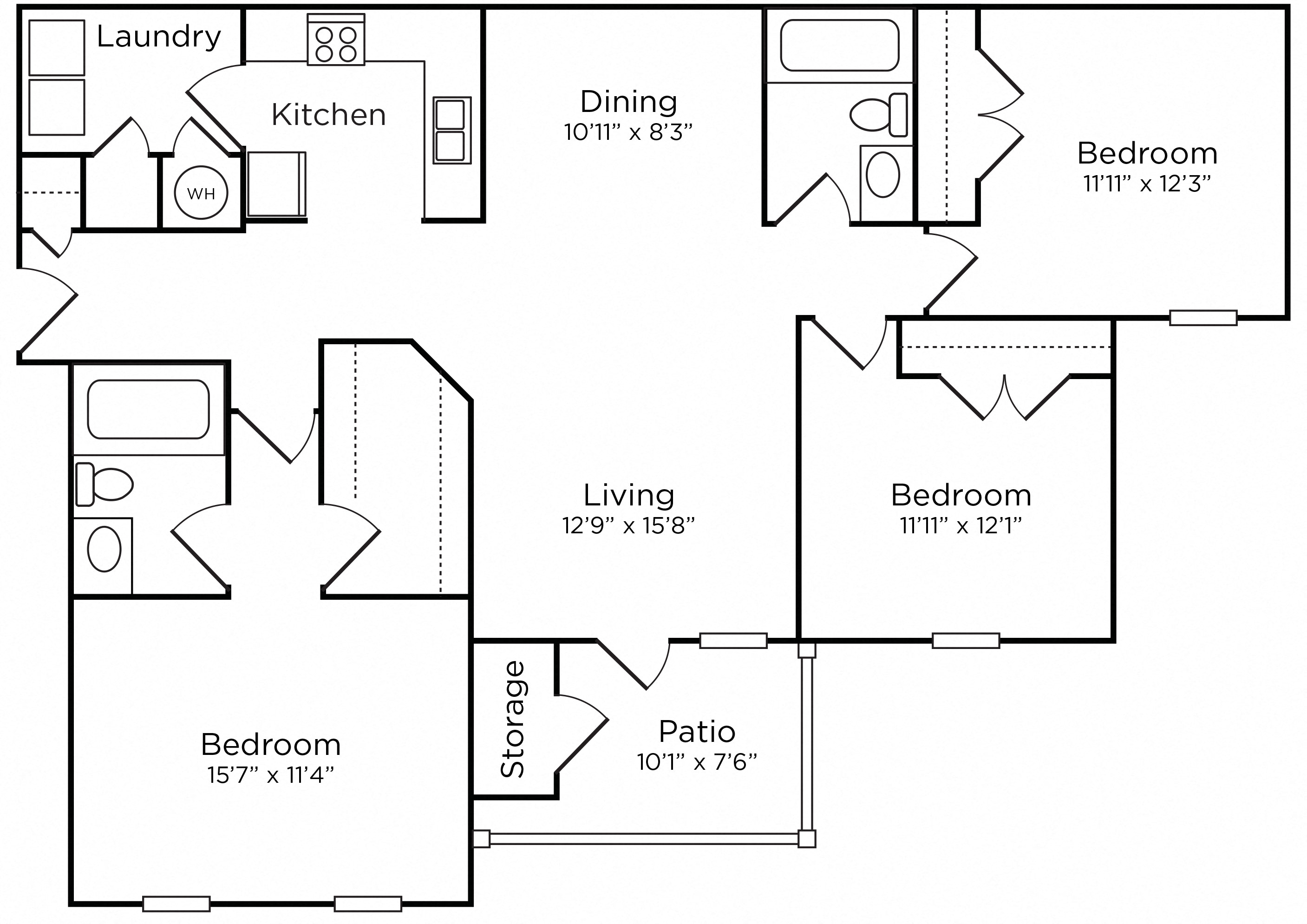 Floor plan for 3 beds, 2 baths, 1332 sqft