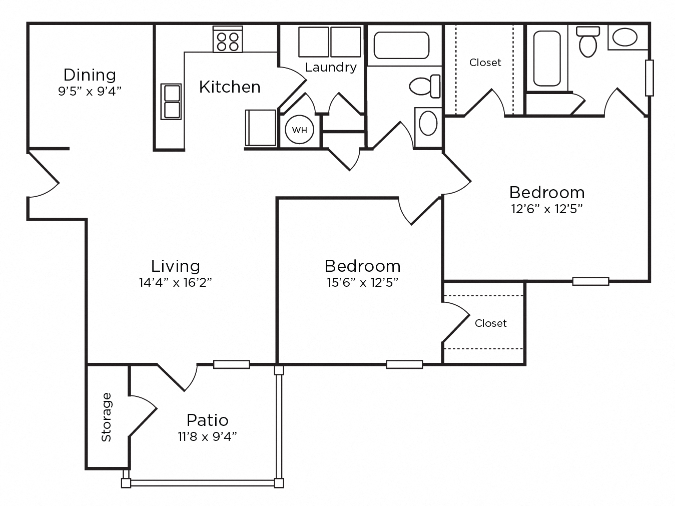 Floor plan for 2 beds, 2 baths, 1157 sqft