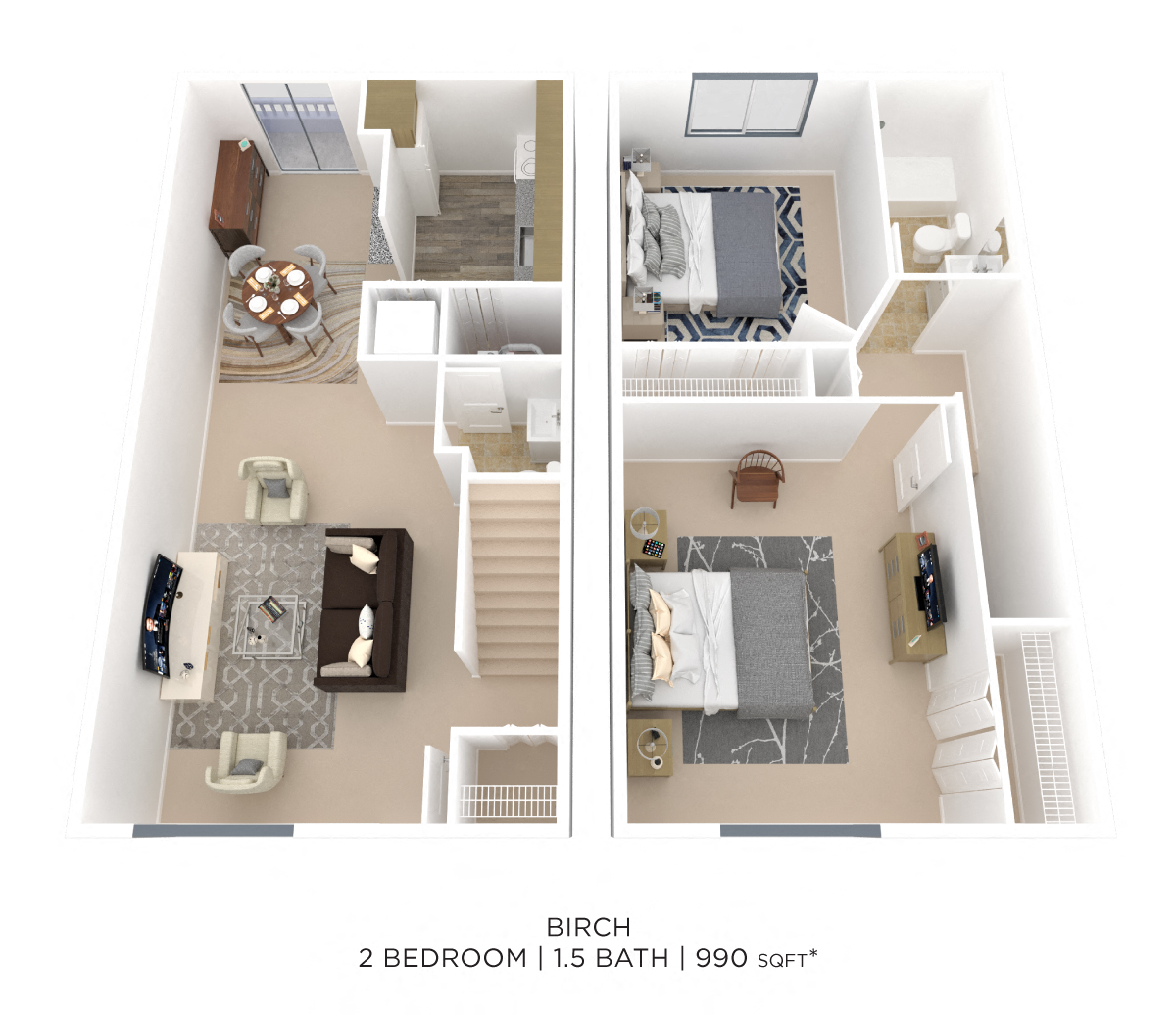 Floor plan for 2 beds, 1.5 baths, 990 sqft