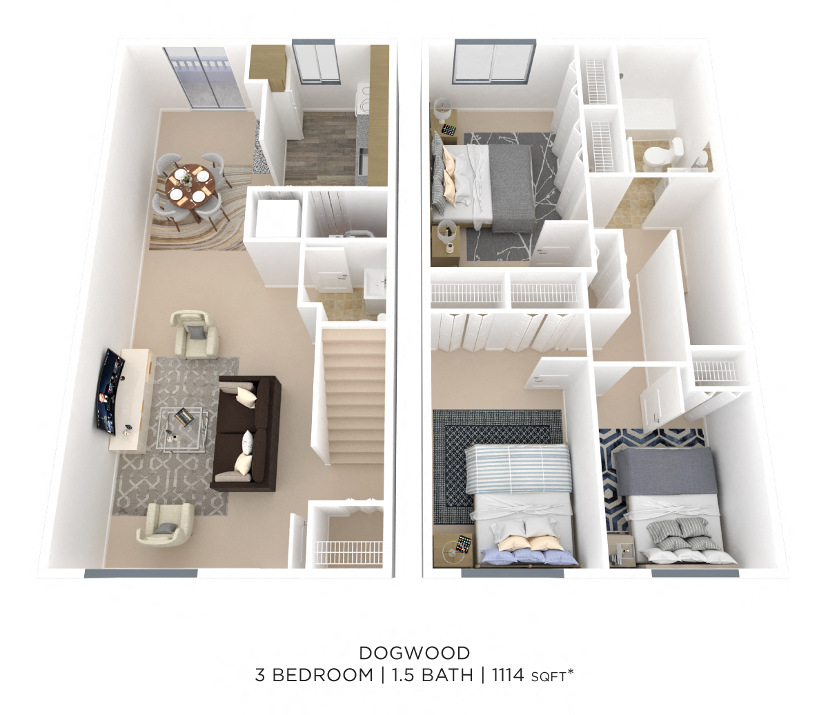 Floor plan for 3 beds, 1.5 baths, 1114 sqft