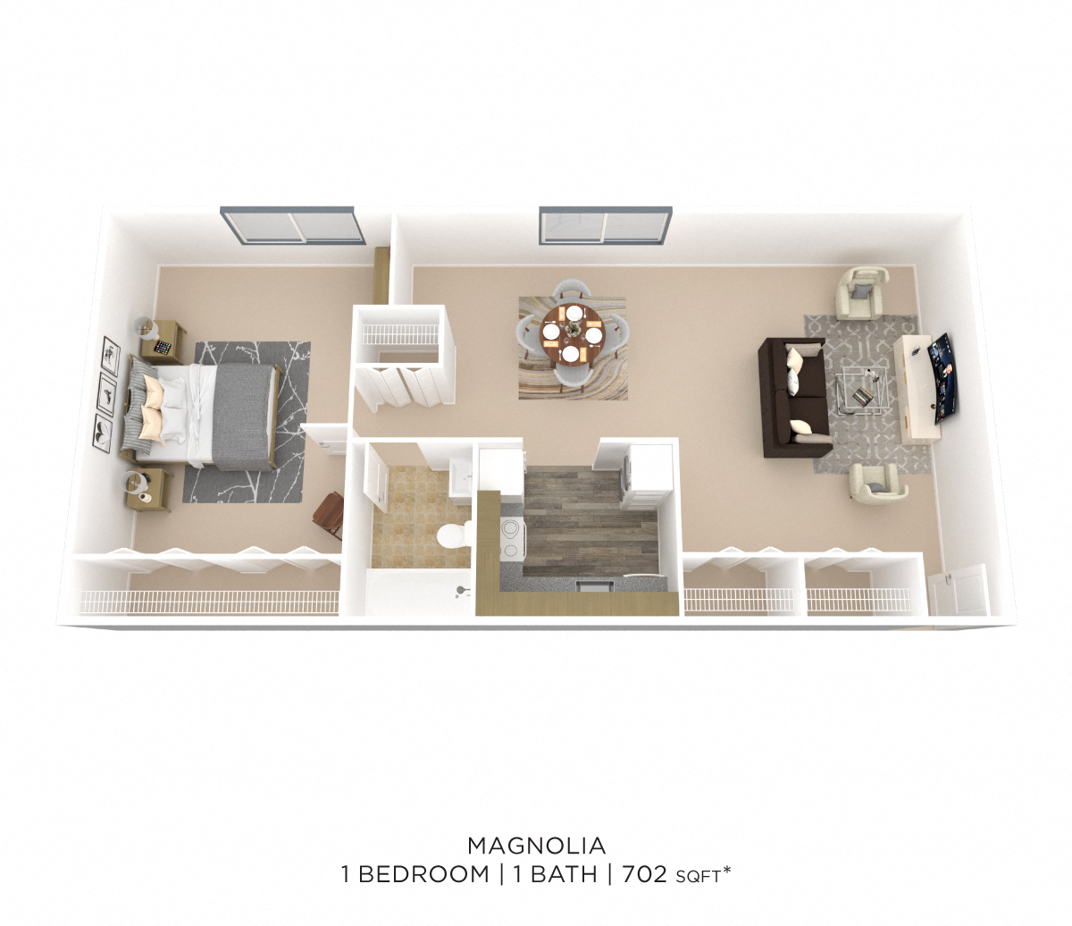 Floor plan for 1 bed, 1 bath, 702 sqft