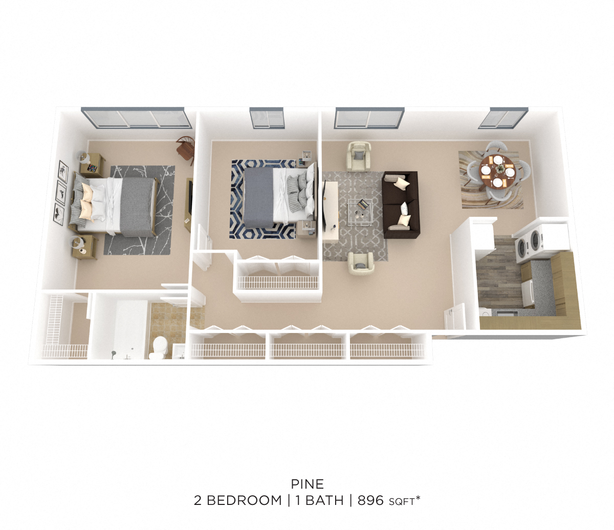 Floor plan for 2 beds, 1 bath, 896 sqft