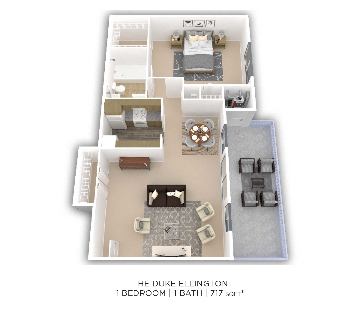 Floor plan for 1 bed, 1 bath, 717 sqft