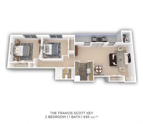 Floor plan for 2 beds, 1 bath, 989 sqft