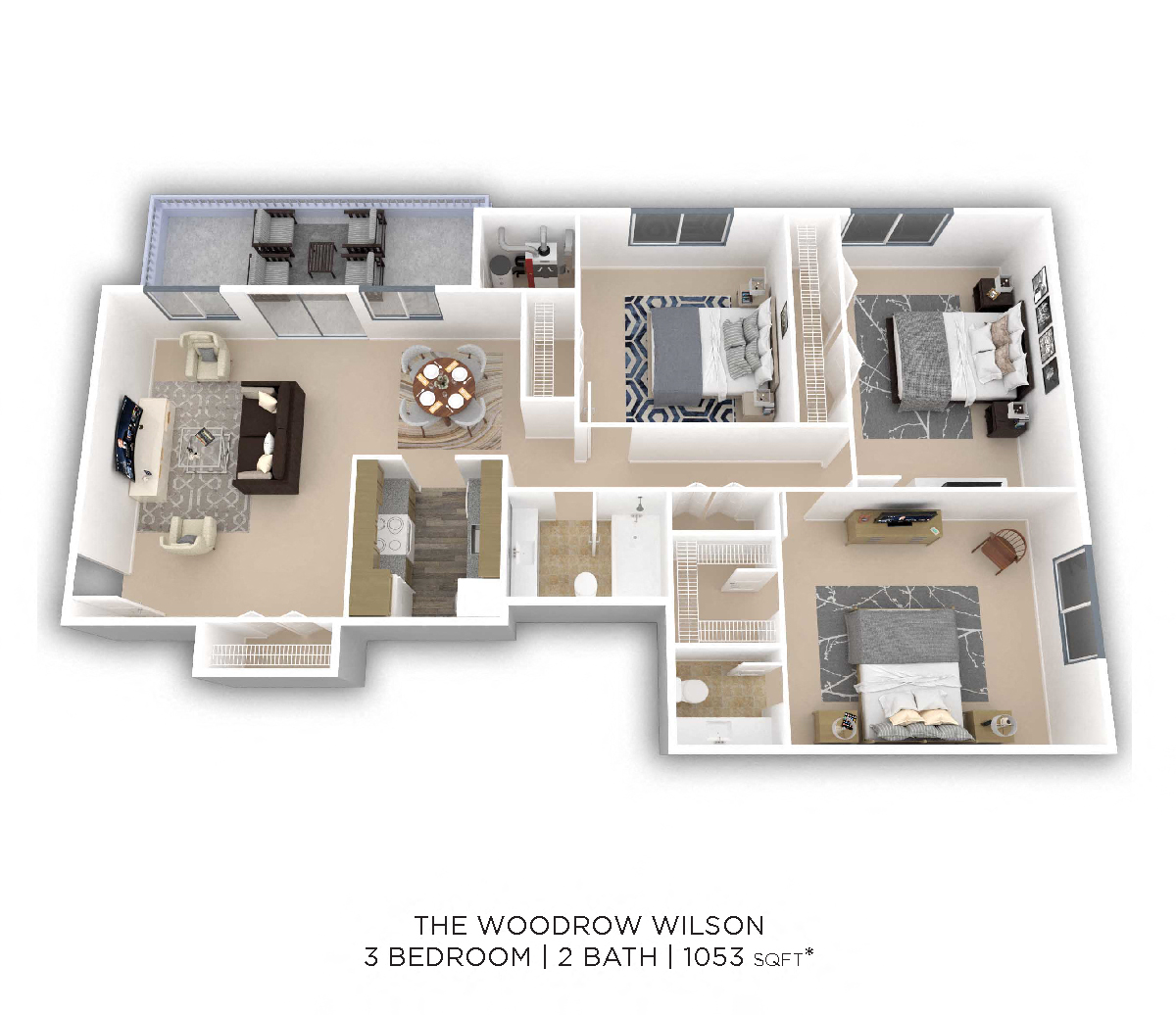 Floor plan for 3 beds, 1.5 baths, 1053 sqft