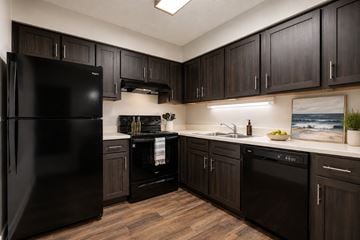 Newport News apartment for rent - A black fridge and oven in a kitchen with wooden cabinets.