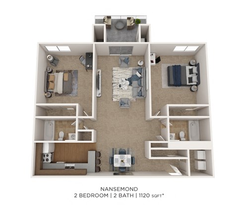 Floor plan for 2 beds, 2 baths, 1120 sqft