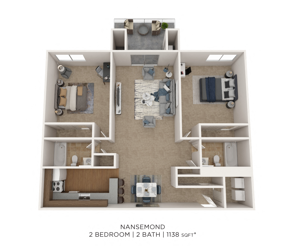 Floor plan for 2 beds, 2 baths, 1138 sqft
