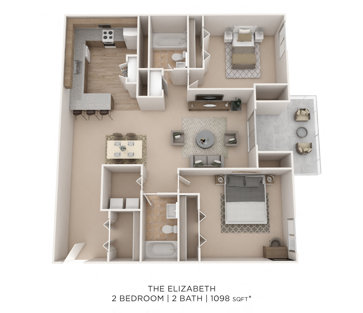 Floor plan for 2 beds, 2 baths, 1120 sqft