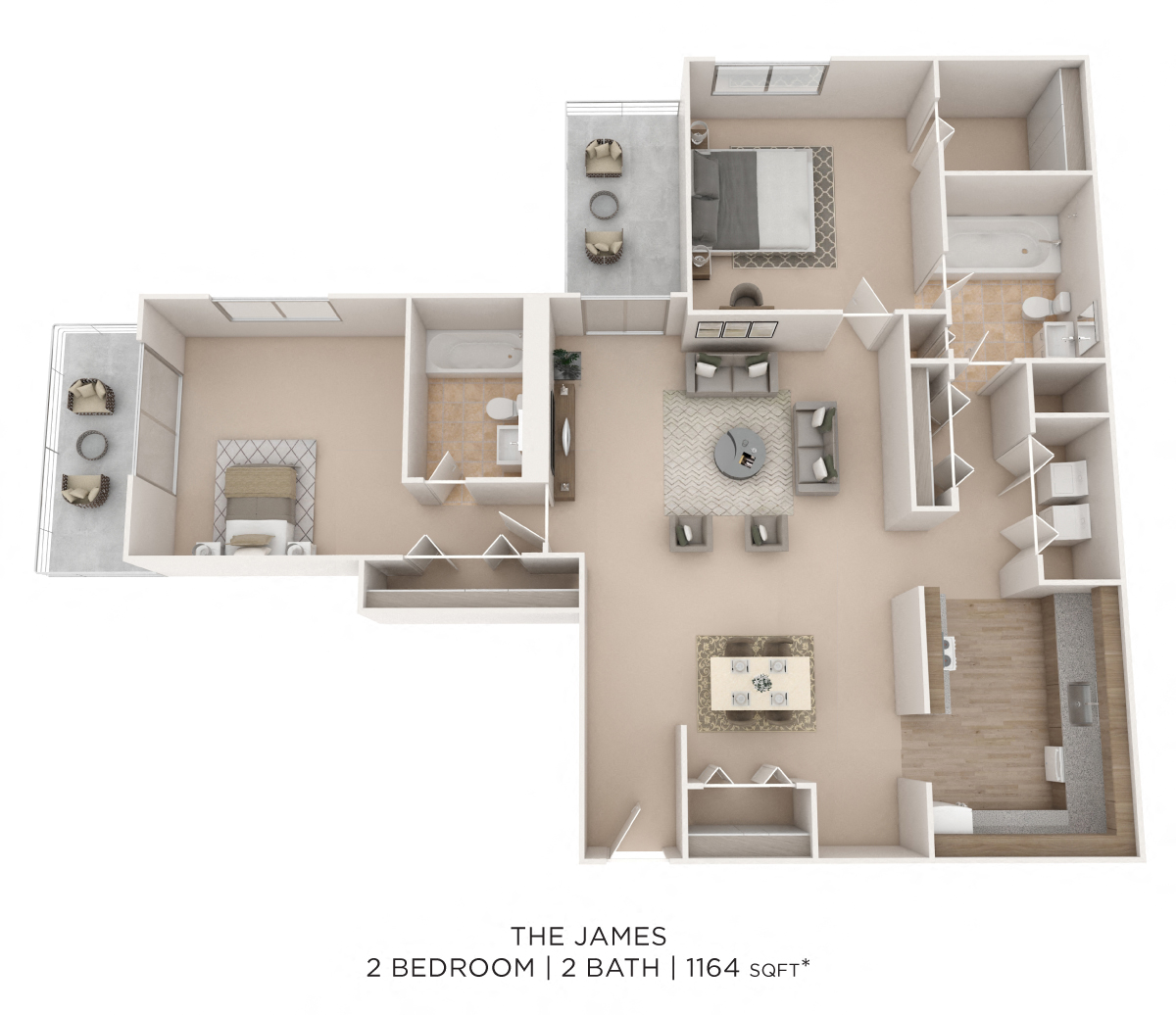 Floor plan for 2 beds, 2 baths, 1164 sqft