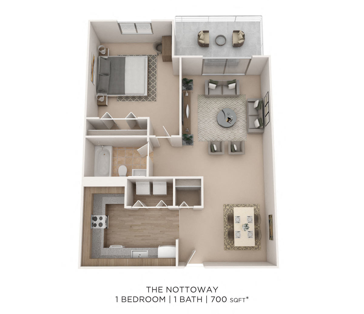 Floor plan for 1 bed, 1 bath, 900 sqft