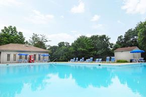 Parkville apartment for rent - A large swimming pool with blue water and a red slide.