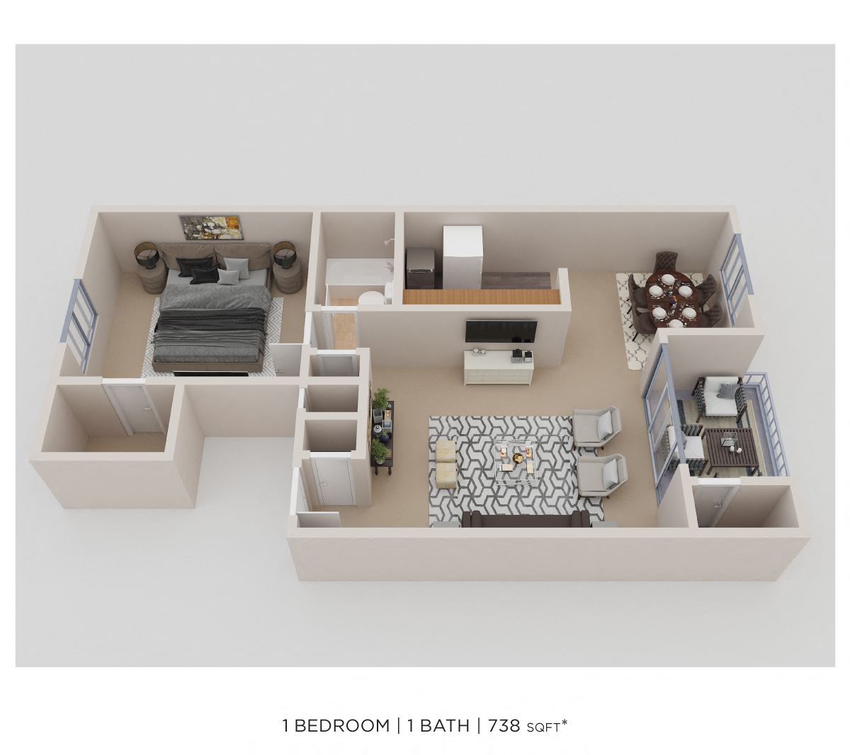 Floor plan for 1 bed, 1 bath, 738 sqft