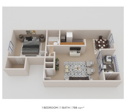 Floor plan for 1 bed, 1 bath, 788 sqft