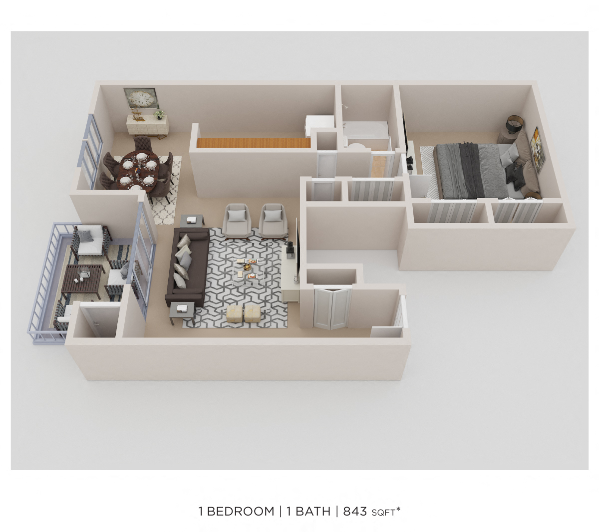 Floor plan for 1 bed, 1 bath, 843 sqft