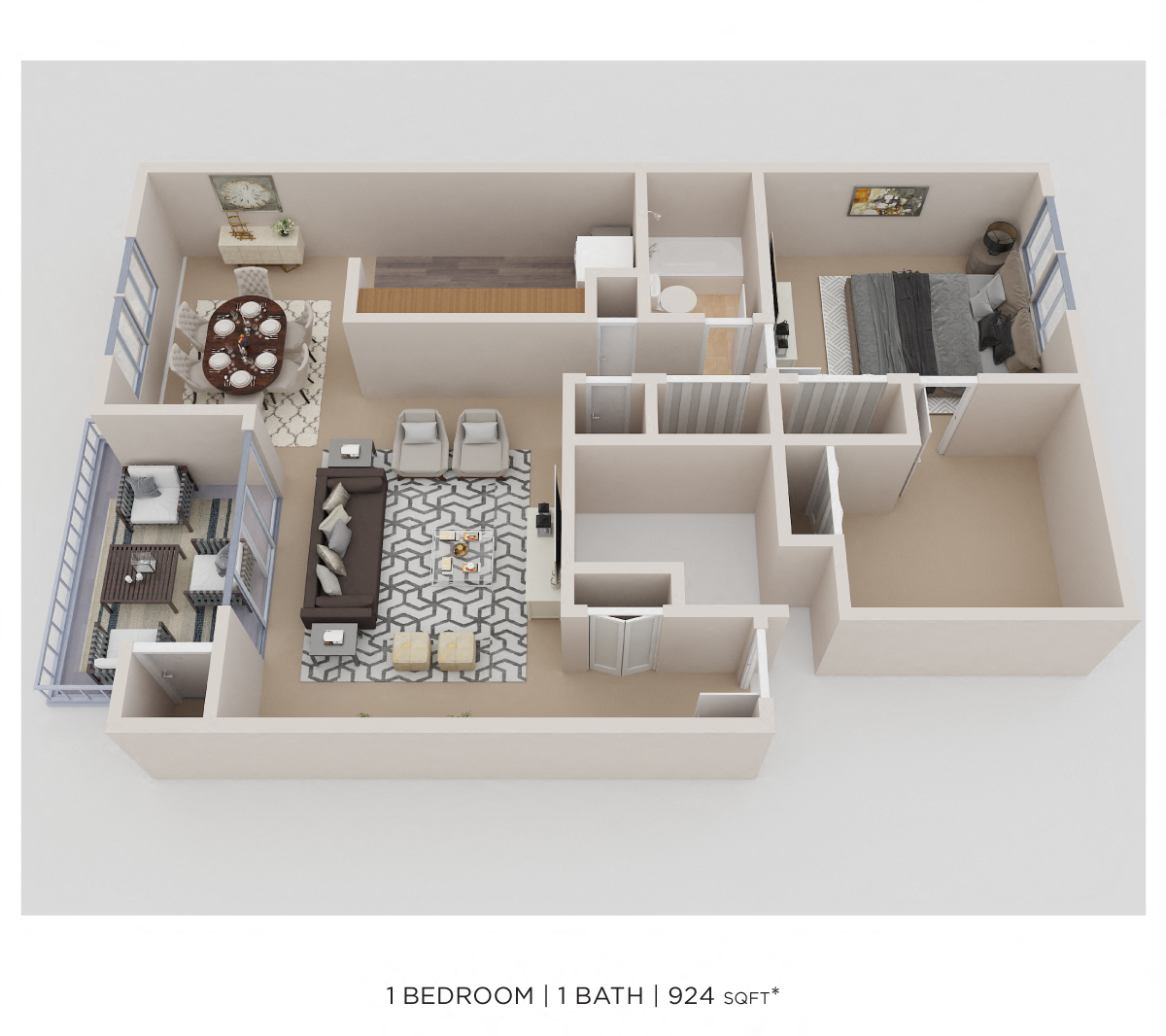 Floor plan for 1 bed, 1 bath, 924 sqft