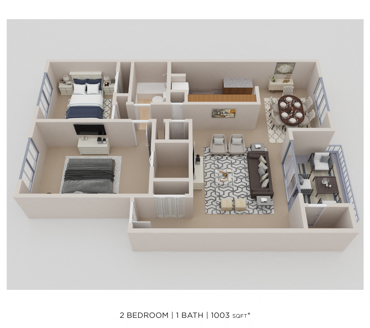 Floor plan for 2 beds, 1 bath, 1003 sqft