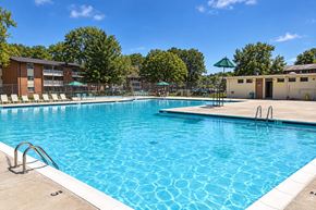 Laurel apartment for rent - A large swimming pool with a blue tiled edge and a diving board.