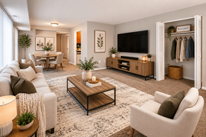 Laurel apartment for rent - A living room with a white sofa, a coffee table, and a TV on the wall.