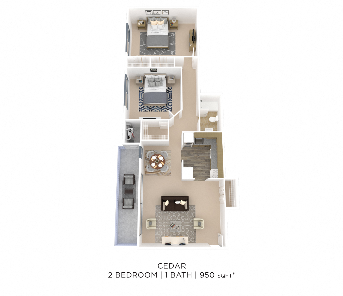 Floor plan for 2 beds, 1 bath, 954 sqft