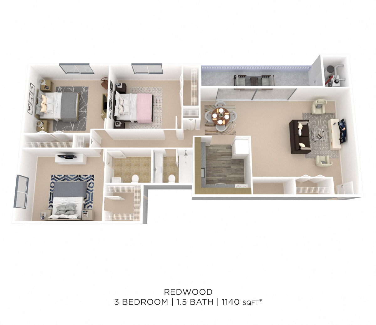 Floor plan for 3 beds, 2 baths, 1196 sqft