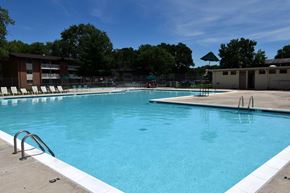 Laurel apartment for rent - A large swimming pool with a diving board and lounge chairs.