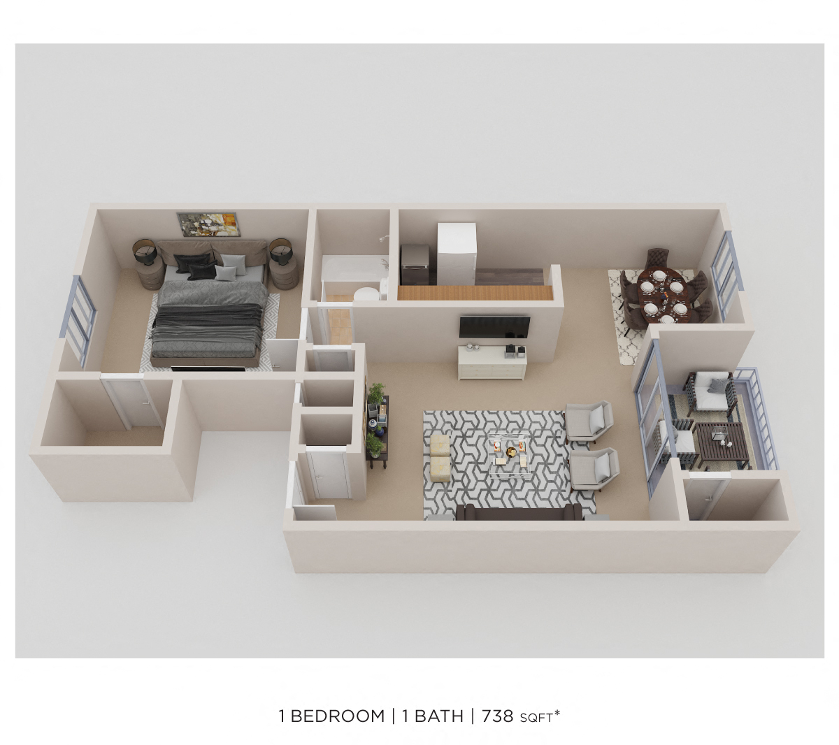 Floor plan for 1 bed, 1 bath, 738 sqft