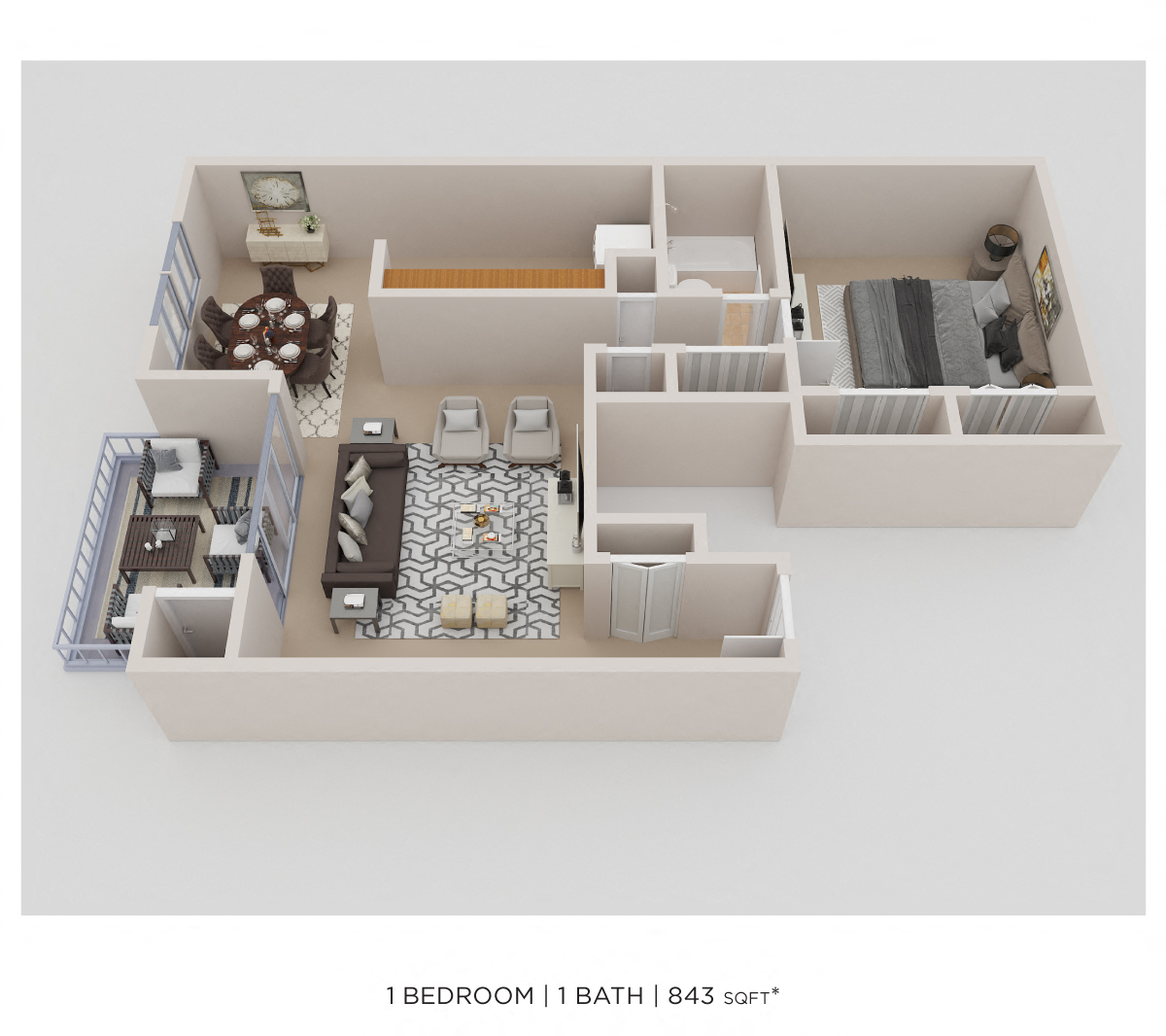 Floor plan for 1 bed, 1 bath, 843 sqft